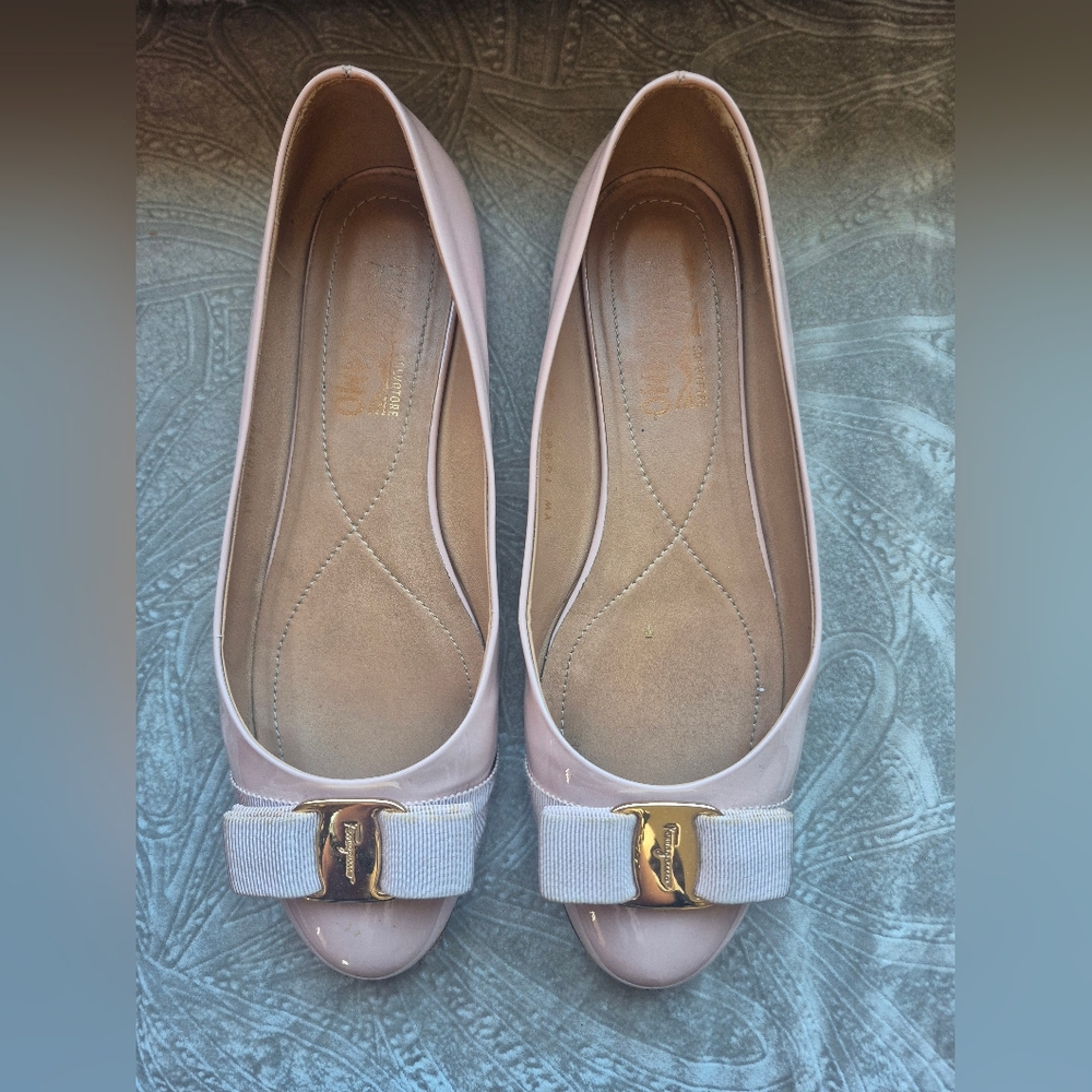 Salvatore Ferragamo Pink Vara Bow Patent Leather Flats